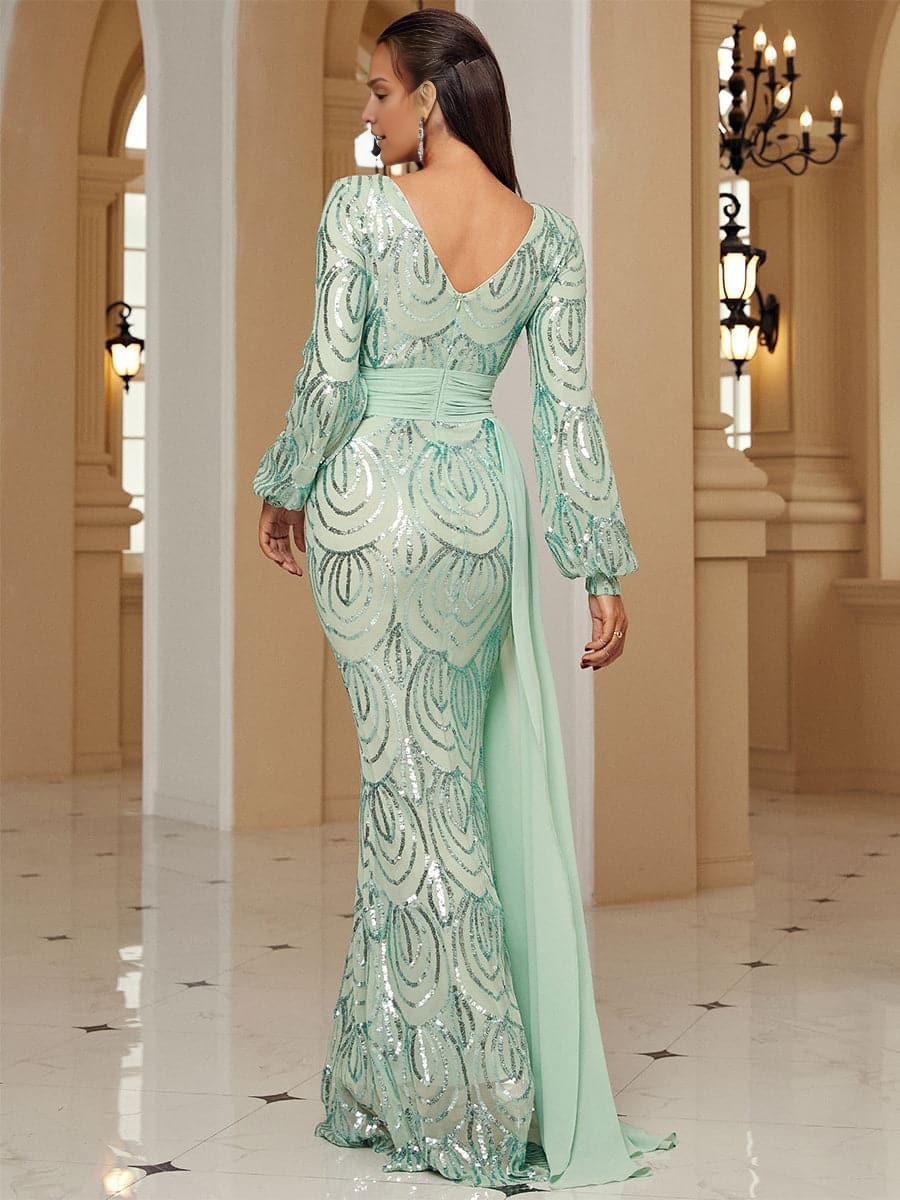 Pretty Mermaid V Neck Long Sleeve Zipper Up Sweep/Brush Train Prom Dress